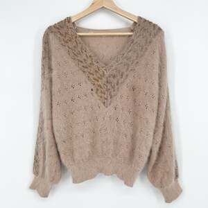Vintage Mixed Knit Angora Blend Sweater V Neck Pullover Womens M/L Taupe Eyelet